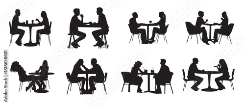 couple sitting in restaurand silhouettes set