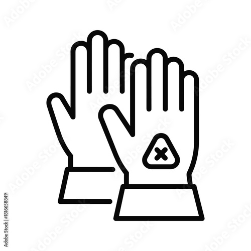 Line icon of protective safety gloves with a warning hazard symbol, isolated on