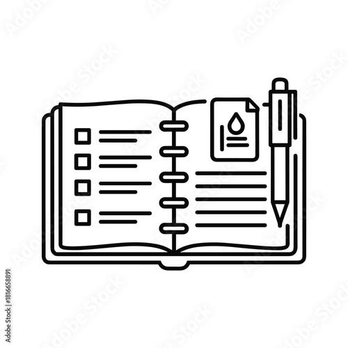 Outline of an open notebook with checklist, document featuring a drop icon, and a pen, isolated on
