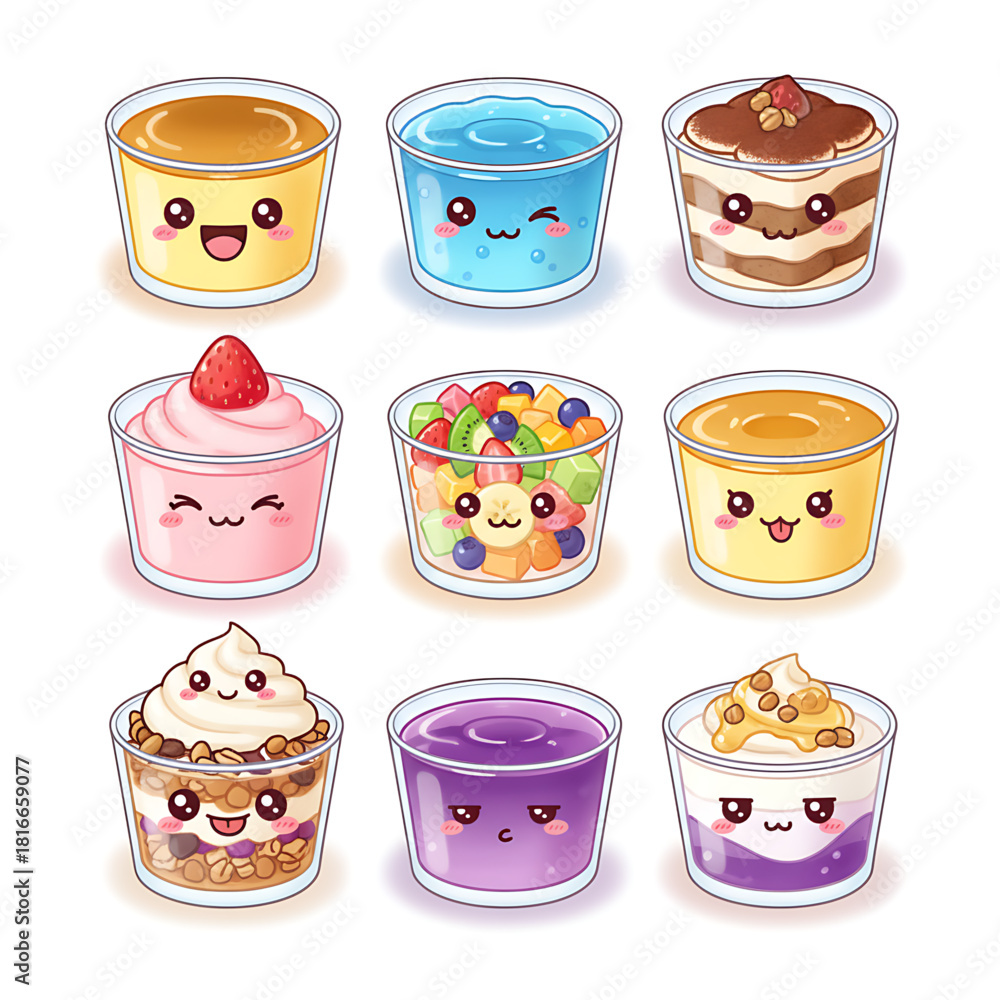 Obraz premium Charming Cartoon Dessert Cups Collection with Kawaii Faces and Delightful Toppings