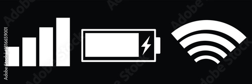 set Wi-Fi icon isolated on white background for phone. Phone bar status Icons, battery Icon, Wi-Fi signal strength.