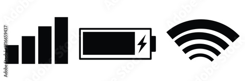 set Wi-Fi icon isolated on white background for phone. Phone bar status Icons, battery Icon, Wi-Fi signal strength.