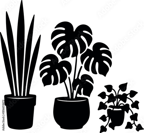 Collection of potted houseplant silhouettes, including a snake plant, monstera, and trailing vine, ideal for home decor and indoor gardening themes.