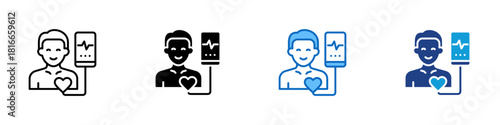 Implantable Biosensors Multiple Style Icon Design Vector - person with a connected handheld display showing a heart icon, representing integrated body monitoring through internal biomedical technology