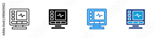Medical Device Multiple Style Icon Design Vector - computer monitor showing a heart rate waveform with control panel, representing digital patient monitoring and vital measurement technology