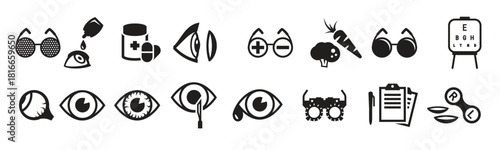  eye health optometry icons set black on a white background