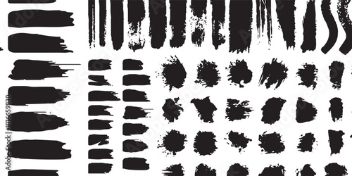 Black Brush Strokes, Shapes, and Splatters Collection for artistic design, create dynamic backgrounds, enhance visual projects, ideal for digital art, adding texture and creativity