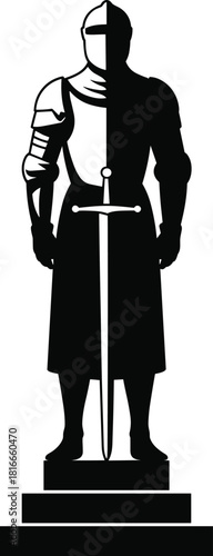 Medieval knight silhouette on pedestal, full armor pose, sword stance, heroic figure art, cad drawing flat vector illustration