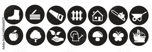 gardening tools icons set white on a black background 