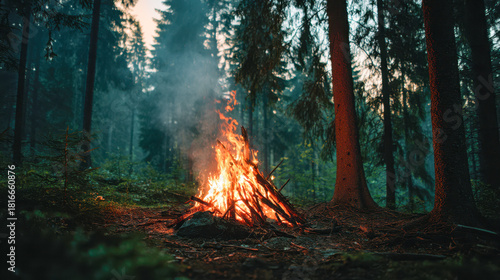 A vibrant campfire blazing with bright orange flames surrounded by tall evergreen trees in a misty forest setting during dusk or early evening hours