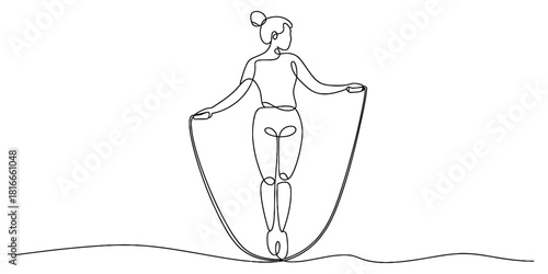 One line drawing of a fit woman exercising with a jump rope, illustrating a healthy lifestyle and active leisure, minimalist sport concept. Vector, illustration