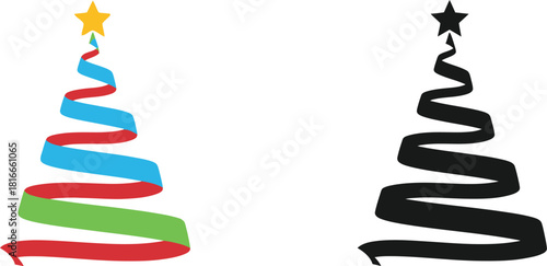 Two stylized christmas trees one colorful and one black isolated on white