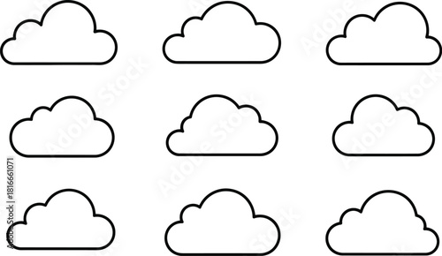 Simple black and white outline of nine fluffy clouds arranged in a grid