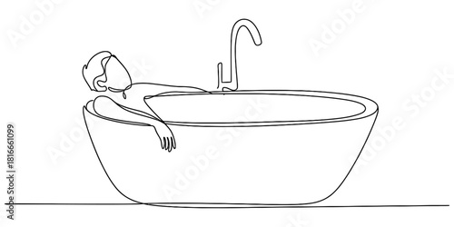 Continuous line drawing of a person relaxing comfortably in a modern bathtub with a stylish faucet, emphasizing self-care and tranquility. Vector, illustration