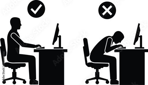 Proper and improper posture while working at a computer desk illustrated