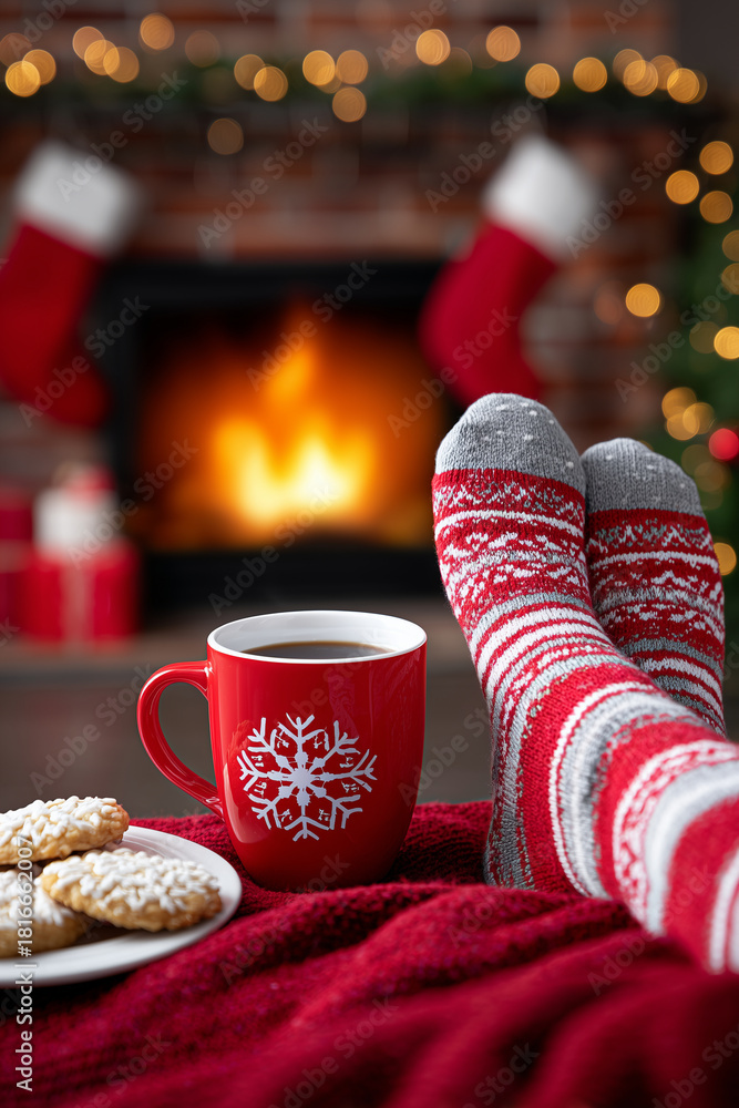 custom made wallpaper toronto digitalRed mug with snowflake pattern and cookies on knitted blanket in front of fireplace, perfect for holiday cards, cozy winter banners, seasonal promotions, new year, christmas 2026