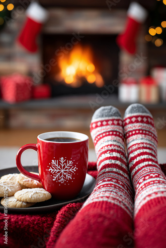 Wallpaper Mural Red mug with snowflake pattern and cookies on knitted blanket in front of fireplace, perfect for holiday cards, cozy winter banners, seasonal promotions, new year, christmas 2026 Torontodigital.ca