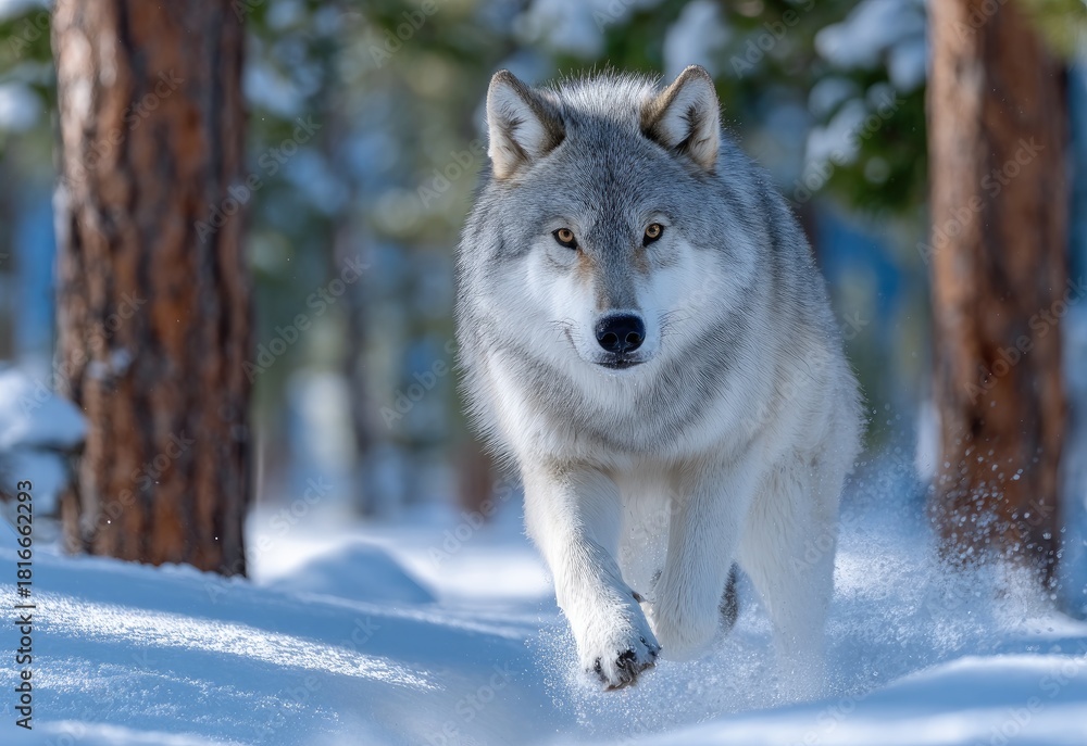 Fototapeta premium an adult wolf running in the snow, with a forest background on a sunny winter day.