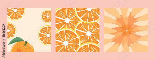 Set of three orange-themed illustrations: whole orange with leaf, sliced oranges, and abstract orange sunburst pattern. Perfect for food, health, and summer designs