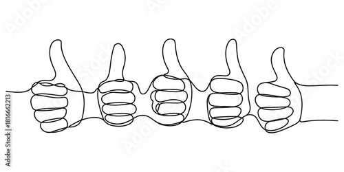 Continuous line art drawing of five hands showing thumbs up gestures, symbolizing approval, success, positivity, agreement, and excellent feedback. Vector, illustration