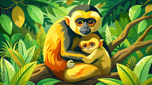 Photorealistic scene of a Yellow-Cheeked Gibbon mother embracing her infant on a tree branch, surrounded by deep forest greenery and gentle natural light