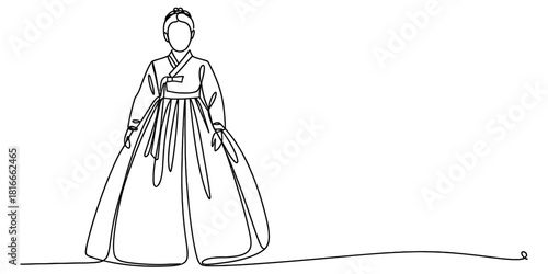 Continuous one line art drawing of a woman wearing a traditional korean hanbok, representing elegant cultural heritage and asian fashion. Vector, illustration