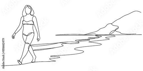 One continuous line drawing of a woman in a swimsuit gracefully walking on a tranquil beach shore, minimalist artistic design style Vector, illustration
