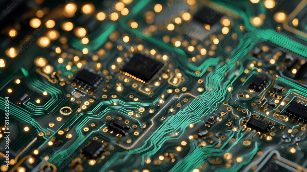 Obraz premium Intricate Green Electronic Circuit Board with Glowing Golden Bokeh Lights.