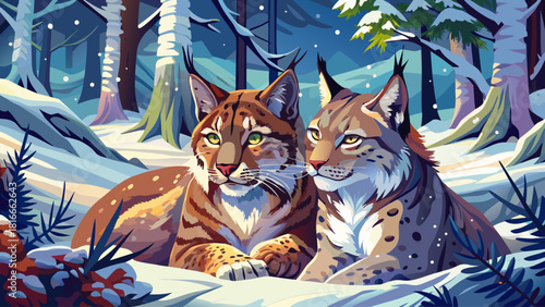 Two affectionate lynxes resting together in a snowy forest, their thick winter fur covered in frost, creating a tender and intimate wildlife moment
