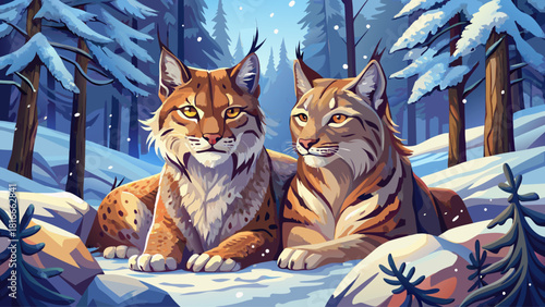 Two affectionate lynxes resting together in a snowy forest, their thick winter fur covered in frost, creating a tender and intimate wildlife moment