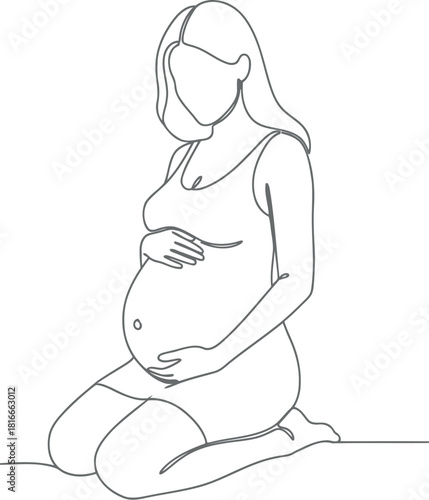 Minimalist line drawing of a pregnant woman kneeling and holding her belly
