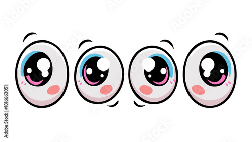Set of cute toy eyes. Shiny, bulging, doll-like eyes in cartoon style. Cute, round, vector, isolated elements. Different, shaking, stupid, cheerful eyes of the character. Vector illustration .vector n