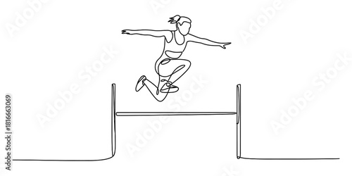 Continuous line drawing of a female athlete hurdling, showcasing determination and athletic performance in a minimalist artistic style Vector, illustration