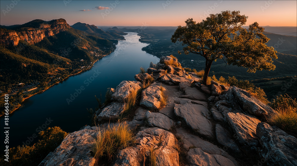 Obraz premium Top of the rock mountain and big river landscape in the evening.