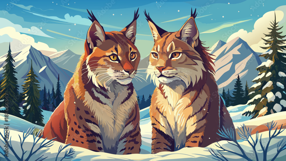 Obraz premium Pair of European lynxes sitting close in a quiet snowy meadow, touching heads softly, showcasing a heartwarming bond in a calm winter landscape