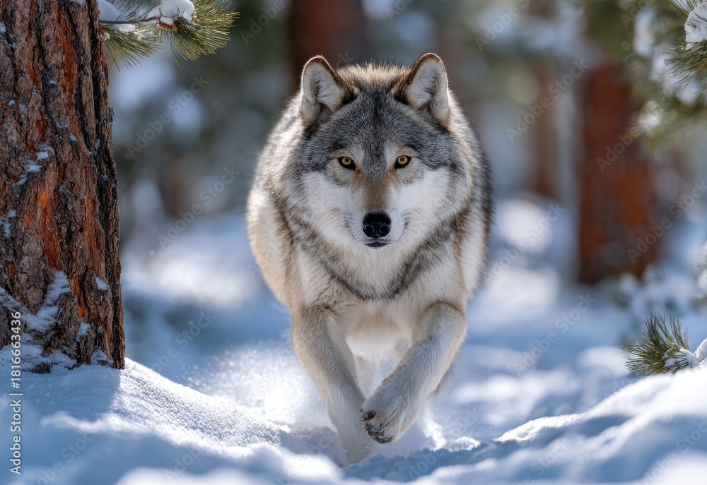 Naklejka premium an adult wolf running in the snow, with a forest background on a sunny winter day.