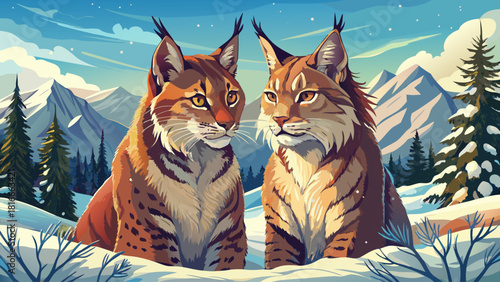 Pair of European lynxes sitting close in a quiet snowy meadow, touching heads softly, showcasing a heartwarming bond in a calm winter landscape