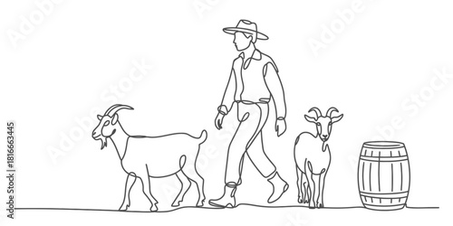 Continuous line drawing of a farmer walking with two goats and a wooden barrel, illustrating simple farm life and animal husbandry Vector, illustration
