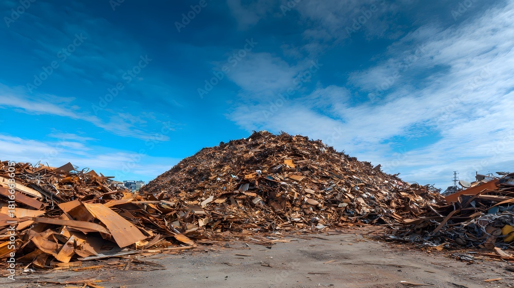 Obraz premium Large mountain of scrap metal and wood waste at a recycling facility under a blue sky.