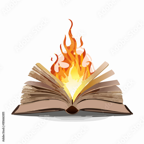 An open book, its center ablaze with bright, blazing flames. The background is pure white.