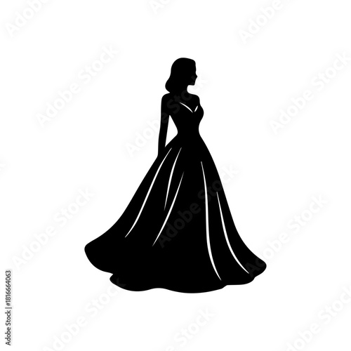 A black silhouette of a woman in a long flowing dress, standing elegantly. Features smooth curves and a bold vector style. Ideal for fashion and events