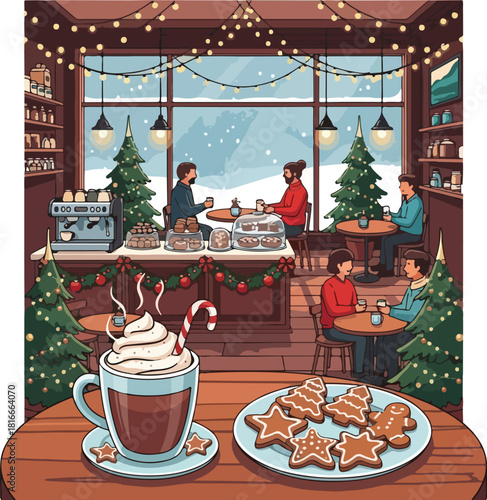 Warmly lit coffee shop interior on Christmas Eve with festive decorations, a mug of hot chocolate with whipped cream and star-shaped cookies on a wooden table.