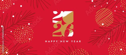 Happy New Year 2026 greeting card or banner. Modern Xmas design with beautiful typography logo 2026, Christmas tree branches with snow. Minimal elegant art banner, poster, cover template.