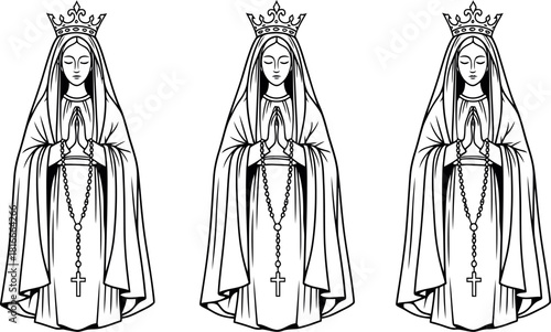 Three identical religious figures of mary wearing crowns and holding rosaries