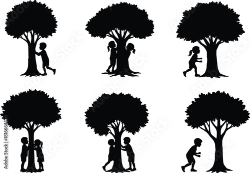 Playful children hiding behind trees in outdoor nature scene, silhouette kids playing hide and seek under large tree shapes, cad drawing flat vector illustration