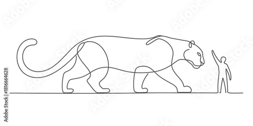 Continuous single line drawing of a powerful walking feline (tiger/jaguar) next to a small human figure, minimalist art on white. Vector, illustration