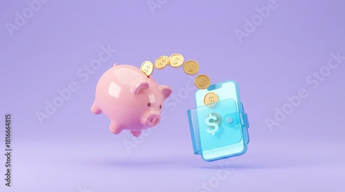 3D illustration of money transfer from a piggy bank to a mobile finance app.
