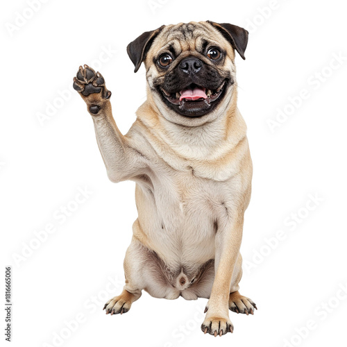 Happy pug dog waving paw isolated on transparent background
