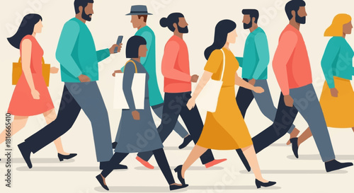 Diverse group of people walking in a city street.