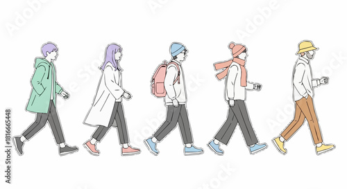 Diverse Group of People Walking in a Row Illustration.